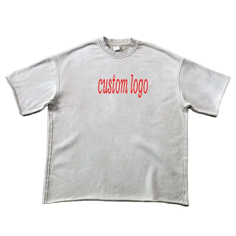 Custom Casual Cotton Raw Hem Screen Print Roundneck Hip Hop Tshirt 3d Print Washed Oversized Boxy Cropped T Shirt Men