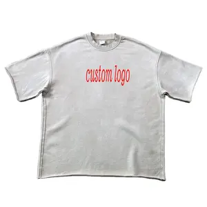 Custom Casual Cotton Raw Hem Screen Print Roundneck Hip Hop Tshirt 3d Print Washed Oversized Boxy Cropped T Shirt Men