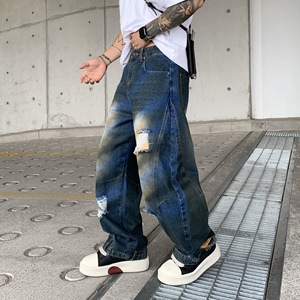 <span class=keywords><strong>Jean</strong></span> large coupe droite style hip-hop streetwear délavé effet vieilli dégradé avec trous – Idéal pour l'été - Product Image 2