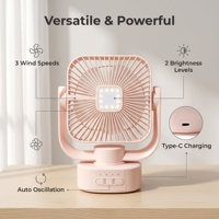 Ventilateur oscillant rechargeable de 6 pouces avec lumière de nuit LED intégrée, double batterie Type-C de 1200 mAh, lampe de refroidissement portable pour le camping