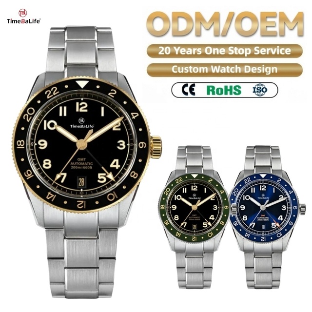 OEM Custom GMT NH34 Automatic Watches 200M Waterproof BGW-9 Luminous Ceramic Bezel 316L Stainless Steel Mechanical Men Watch