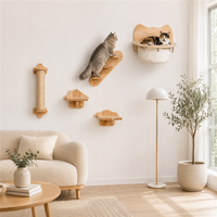 Ensemble d'étagères murales pour chat 5-en-1, style moderne et luxueux, avec marches inclinées et hamac en forme de tête de chat, en bois massif, taille personnalisée, montage mural facile