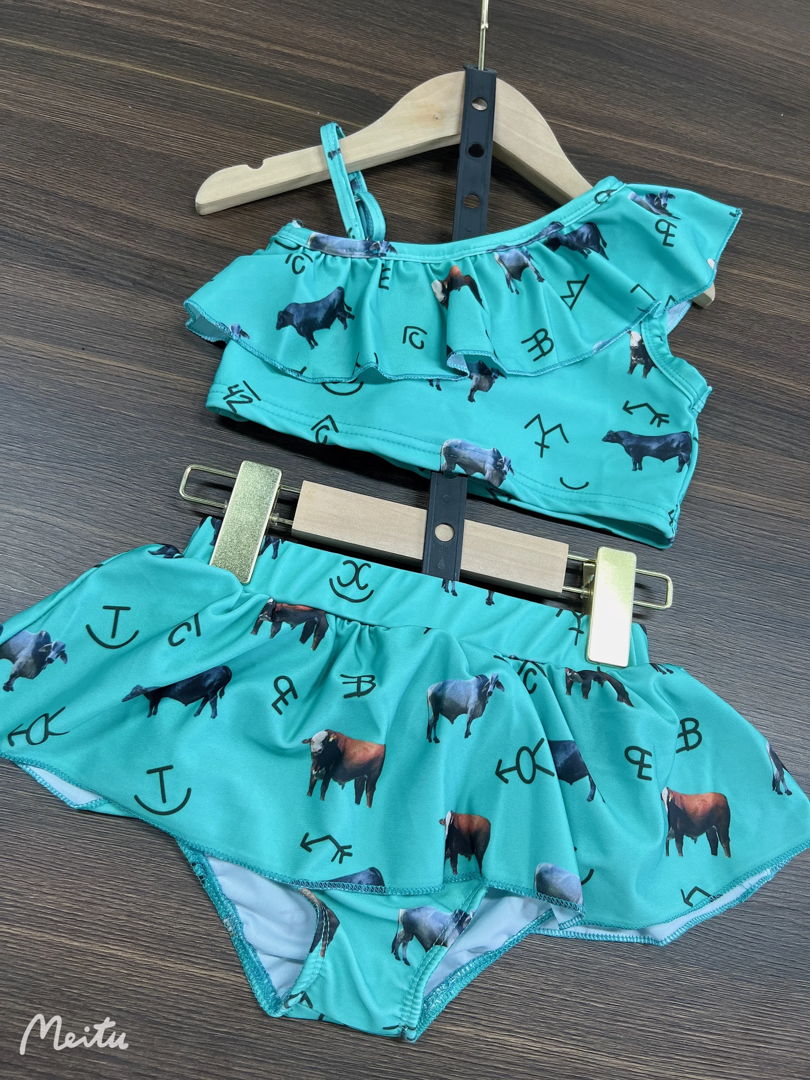 Costumi da bagno senza maniche da bambina Aztec stampati su misura con volant Bikini a due pezzi costumi da bagno per bambini