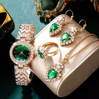 Ensemble de bijoux de luxe pour femmes, 4 pièces, montre à quartz, zircon, or rose, Diwali, Eid, Ramadan, boucles d'oreilles, collier, bague, sur mesure