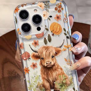 Nuova <span class=keywords><strong>Cover</strong></span> Trasparente per <span class=keywords><strong>iPhone</strong></span> 17 16 <span class=keywords><strong>Pro</strong></span> Max con Stampa di Vitello Giallo Carino, Foglie Cadute e Fiori Autunnali, con Foro Grande - Product Image 3