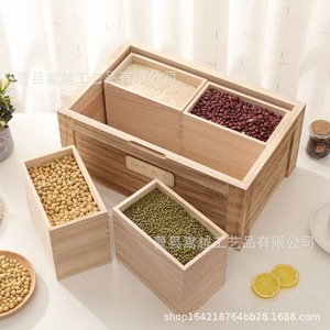 Wooden Grain Storage Box 3 Compartment Solid Paulownia Wood Rice <b>Flour</b> <b>Container</b> Household Kitchen Organizer - Product Image 1