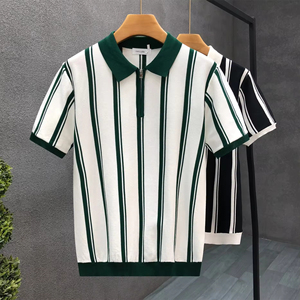 เสื้อโปโลผู้ชายสไตล์เกาหลีสำหรับฤดูร้อน เนื้อผ้าไหมน้ำแข็งระบายอากาศดี ลายทางแนวตั้ง  ถักทออย่างประณีต เหมาะสำหรับวัยรุ่น สวมใส่สบายๆ - Product Image 2