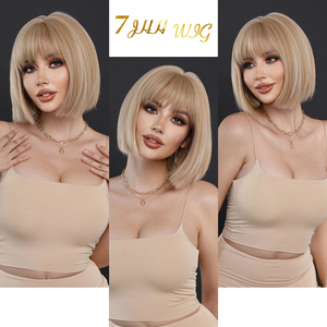 Peluca Yaki Marrón <span class=keywords><strong>Rubio</strong></span> Estilo Bob con Flequillo, Peluca Corta de 12 Pulgadas, Cabello Sintético Natural, 150% de Densidad, Peluca Lisa en Capas para <span class=keywords><strong>Mujer</strong></span> - Product Image 6