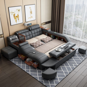 מיטת חכמה רב תכליתית עם ריפוד בד, רמקול מולטימדיה חשמלי מודרני, מטען USB ועיסוי, ריהוט לחדר שינה. - Product Image 2