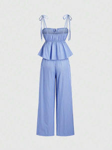 Mavi dikey şerit yaz ince yüksek bel gevşek dikey şerit rahat geniş bacak pantolon kadınlar için <span class=keywords><strong>Suit</strong></span> - Product Image 5