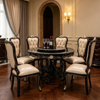 Ensemble de table à manger classique européen avec plateau tournant, cadre en bois massif sculpté, chaises en cuir, meubles de salle à manger, vente en gros