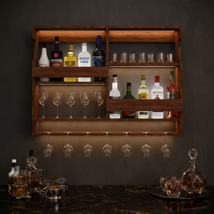 Aqdus Saleem Walnut Wood Mid Century Modern Rectangle <b>Wall</b>-<b>Mounted</b> Wine Rack Glass Combo Eco-friendly Handcrafted Durable - Product Image 3
