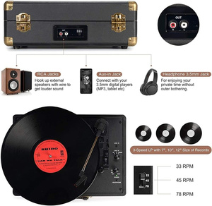 Tourne-disque portable en bois vintage, lecteur de disques vinyles, 3 vitesses, boîte à musique LP, prise en charge de la connexion BT et RCA - Product Image 2