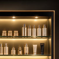 Vitrine de salle de bain murale rétroéclairée avec étagères en verre et finition dorée, pour rangement encastré
