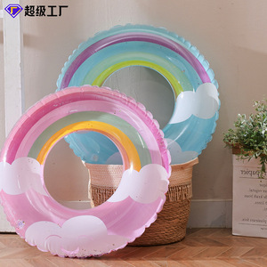 Inflatable Swim Ring With <b>Sequins</b> Cloud <b>Rainbow</b> Design For Children Swimming Pool Float - Product Image 5