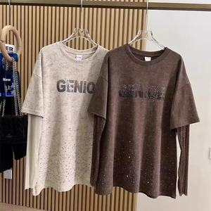 T-shirt deux pièces en or à manches longues pour femmes surdimensionnées Hot Rhinestone Design Gymnus Sense Chubby Girls <span class=keywords><strong>Top</strong></span> - Product Image 1