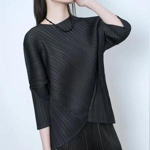 Chemisier décontracté pour <span class=keywords><strong>femme</strong></span>, style Miyake, col rond, manches mi-longues, plissé vintage irrégulier, mode printemps-été, polyvalent - Product Image 2