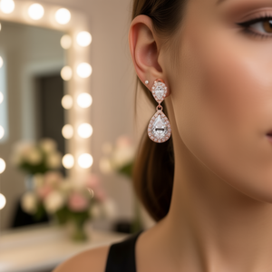 E3742 Orecchini Pendenti in Cristallo Oro Rosa a Forma di Goccia con Incastonatura a Castone, Gioielli di Lusso da Sposa per Donne - Product Image 2