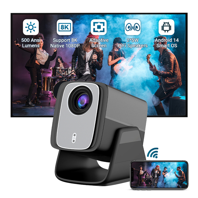 Android 14 Mini Projector 4K WiFi BT Native 1080P Projector with Auto Screen Alignment and Auto Focus