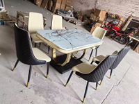 Table à manger rectangulaire moderne haut de gamme en pierre frittée, style italien, luxe léger, personnalisable, 6 places, avec chaises assorties