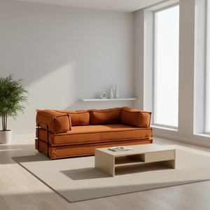 Sofá Cama de Estilo Moderno con Estructura Metálica y Tapicería de Tela Plegable Convertible en Color Naranja Coral para Sala de Estar y Uso Doméstico - Product Image 4