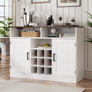 <span class=keywords><strong>Buffet</strong></span> en <span class=keywords><strong>bois</strong></span> de style farmhouse avec prises électriques <span class=keywords><strong>et</strong></span> casier à vin - Meuble multifonctionnel pour cuisine, salon/salle à manger - Product Image 2