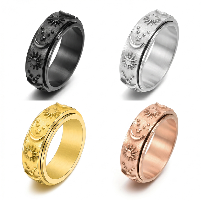 Retro Trend Tarnish Free Stainless Steel Celestial Sun Moon Star Spinner Ring Stress Relief Anxiety Jewelry for Men Women