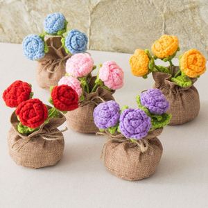 Wholesale Custom Handmade Crochet Flower Pot Mini Knitted Potted Plant with Burlap <b>Bag</b> for Home Decor - Product Image 4