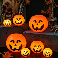 Promotion : Seau lumineux en forme de citrouille souriante pour l'intérieur, idéal pour la collecte de bonbons ou comme panier de déguisement, parfait pour les fêtes et les jeux.