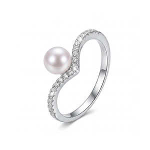 Bague en cuivre avec perle d'eau douce et pavé de zircone cubique en forme de vague, bijou élégant pour femme, cadeau de mariage ou de fiançailles - Product Image 1