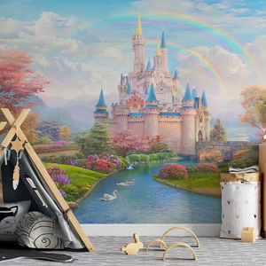 วอลเปเปอร์ลายปราสาทเจ้าหญิงสุดแฟนตาซี พร้อมภาพวาดสายรุ้งและทิวทัศน์ในเทพนิยาย สำหรับห้องนอนเด็กผู้หญิง สร้างบรรยากาศนุ่มนวลชวนฝัน - Product Image 1