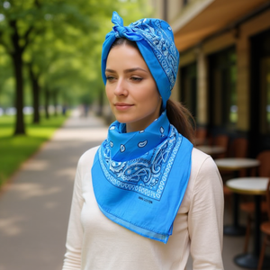 Pañuelo Cuadrado de Algodón Azul Cielo con Diseño Paisley Angelina, 54x54cm, para Cabeza o Cuello - Product Image 2