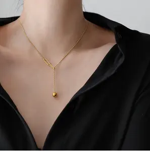 Kalung Manik-manik Emas 18K Wanita, Kalung Panjang Bentuk Y Rantai Manik-manik Emas Baja Tahan Karat Sederhana untuk Wanita