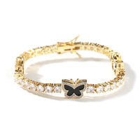 Bracelet chaîne tennis punk papillon coloré en laiton plaqué or 4 mm avec zircone cubique effet diamant