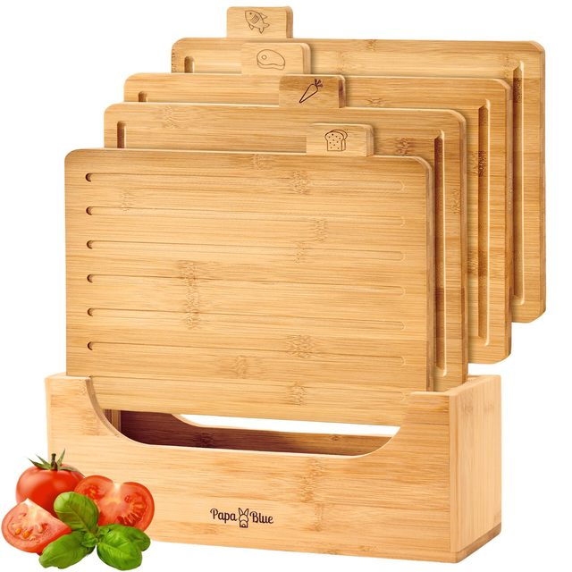 BSTW Bamboo Cutting Board Set 4-Piece Eco-Friendly Reusable Square Holder Customizable Size Pizza 1.5cm Thick Dishwasher Safe