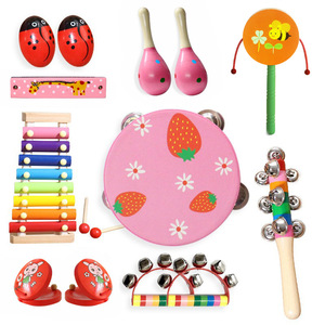 Lot de 13 instruments de percussion en bois avec xylophone, tambourin, maracas et clochettes pour l'éducation musicale des enfants - Product Image 4