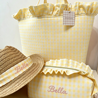 Bolsa de Mano de Tela de Algodón, Suave, Duradera, Abierta, de Gran Capacidad, para Primavera/Verano, con Diseño a Cuadros, Personalizada con Bordado Cursivo