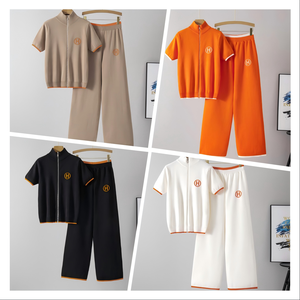 Set Estivo di Lusso Antirughe con Ricami e Cerniera, Nuovo Colletto alla Coreana a Contrasto di Colore, Manica Corta <span class=keywords><strong>in</strong></span> Maglia per Donna - Product Image 2