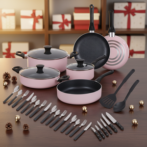 Ensemble de poêles à frire roses pour la maison, poêle à fond plat épaisse et portable, haute valeur esthétique, poêle antiadhésive en pierre de blé et de riz - Product Image 1