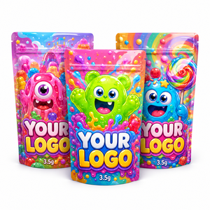 Sacs Mylar brillants personnalisés pour bonbons, lot de trois, pochettes verticales à fermeture éclair avec VOTRE LOGO, design de dessin animé sur toute la surface pour l'emballage - Product Image 1