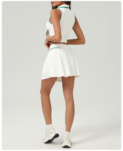 XW-sm2509-3 kerah Polo kustom tanpa lengan warna kontras aktif pakaian Golf atasan Tank Top Yoga rok tenis pinggang tinggi 2 potong Set - Product Image 2