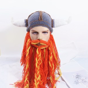 Chapeau drôle de Viking avec barbe et cornes, bonnet tricoté WJI09, masque de casque de guerrier barbare, bonnet chaud d'hiver pour hommes, fête, carnaval, cosplay - Product Image 1