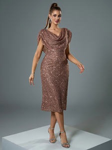 Phụ Nữ Thanh Lịch Cowl Cổ Màu Rắn Ngắn Cánh Dơi Tay Áo Sequins Lấp Lánh Buổi Tối Bên Ăn Mặc <span class=keywords><strong>V</strong></span>ới Ruched Vai Thiết Kế - Product Image 5