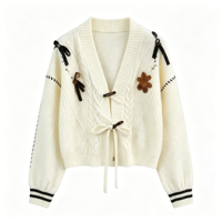 Cardigan en tricot côtelé ample pour femme, style décontracté européen et américain, à manches bouffantes, pour l'automne