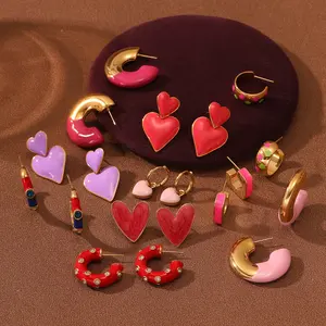 Perhiasan Fashion anting-anting hati merah 18K kancing besi tahan karat anting-anting Enamel berwarna untuk Hari Valentine