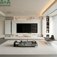 SLS Zeitgenössische TV-Wandkonsole mit Marmoreinlage, Schwebender Konsole, Kaminakzent und Vertikalem Vitrinenschrank