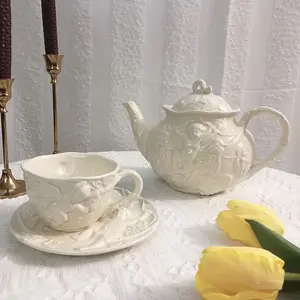 Wholesale Embossed England Angel Design Afternoon Tea Set Ceramic Bone China Coffee And Tea Cup Set Teapot