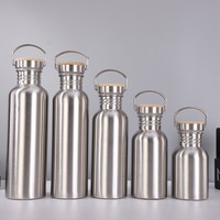 Bouteille d'eau en acier inoxydable 304 à simple paroi pour l'extérieur avec couvercle en bambou 350ML 500ML 600ML 750ML 1000ML