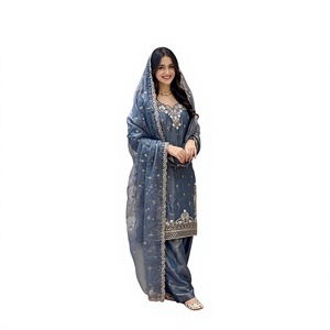 <b>Women</b> Traditional Gray Floor Length <b>Kurta</b> Set With Embroidery India Pakistan Wedding Ethnic Wear Regular Fit - Product Image 1
