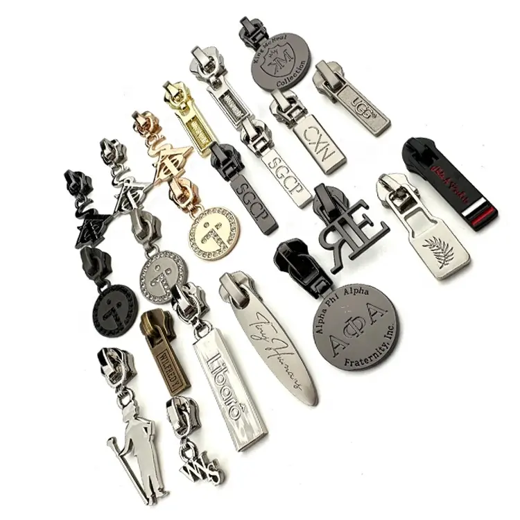 New Style Custom Brand Name Zipper Puller Metal Engraved Logo Zip Slider for Clothing Zinc Alloy Customized Plating Auto Lock